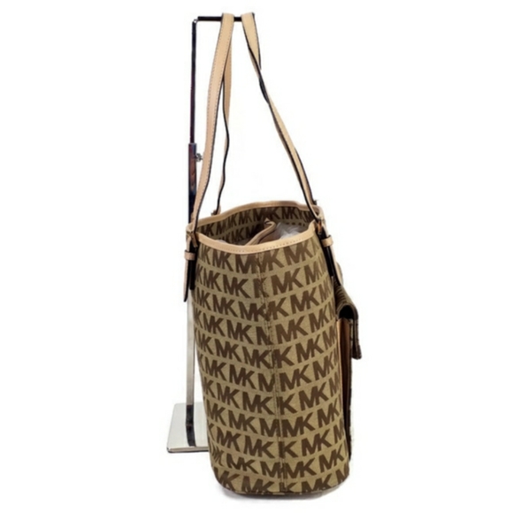 Michael Kors Jet set Signature Pocket MF Tote Brown Khaki Jacquard Leather - Picture 2 of 16